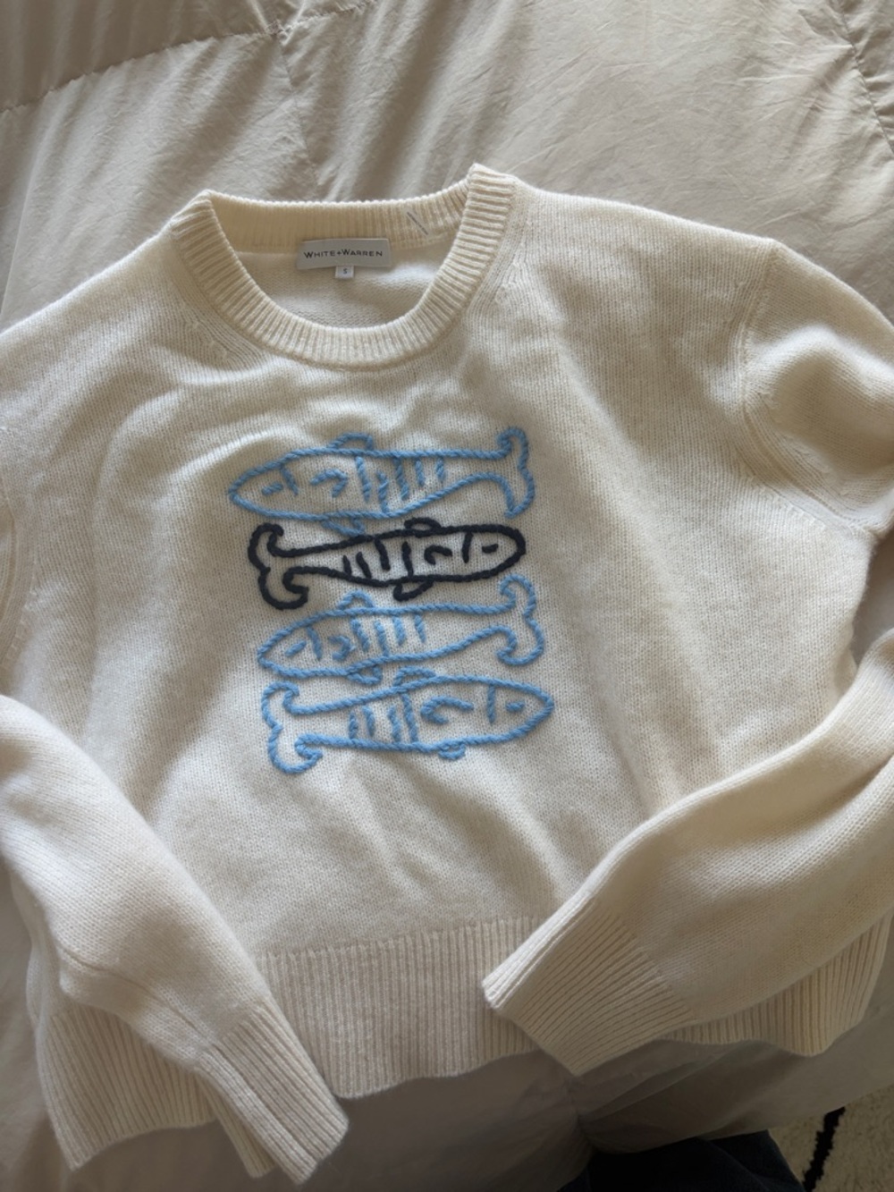White + Warren Cream Cashmere Sweater with Blue and Black Fish Embroidery